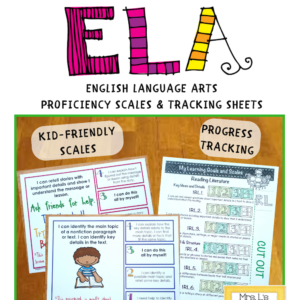First Grade ELA Proficiency Scales Bundle Cover , Image showing Progress Tracking, Kid-Friendly Scales, and Pre-Post Assessment images and sub-titles. Marzano Framework