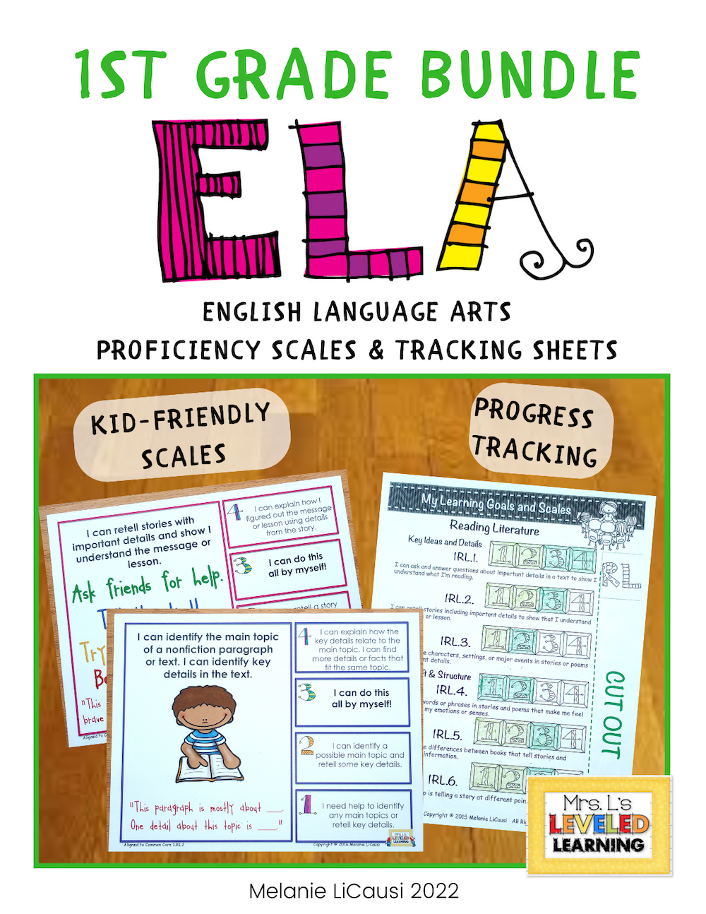 First Grade ELA Proficiency Scales Bundle Cover , Image showing Progress Tracking, Kid-Friendly Scales, and Pre-Post Assessment images and sub-titles. Marzano Framework