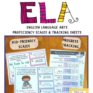 Second Grade ELA Proficiency Scales Bundle Cover , Image showing Progress Tracking, Kid-Friendly Scales, and Pre-Post Assessment images and sub-titles. Marzano Framework