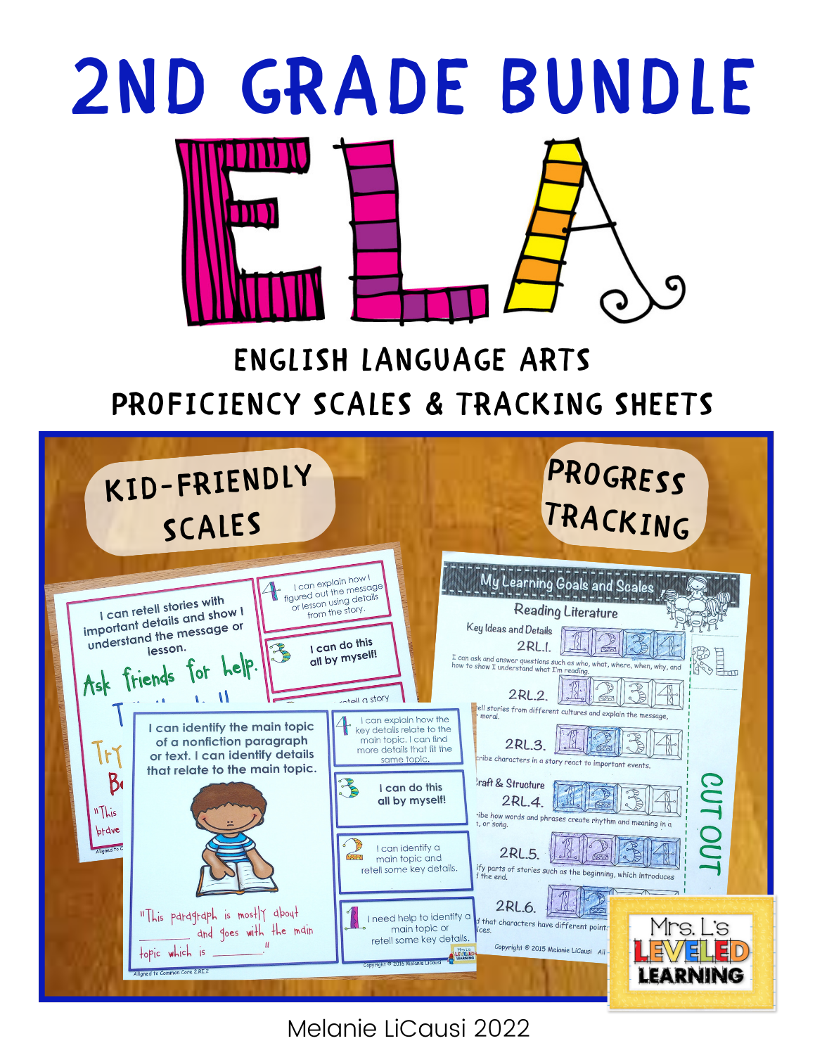 Second Grade ELA Proficiency Scales Bundle Cover , Image showing Progress Tracking, Kid-Friendly Scales, and Pre-Post Assessment images and sub-titles. Marzano Framework