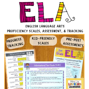 Third ELA Proficiency Scales Bundle Cover , Image showing Progress Tracking, Kid-Friendly Scales, and Pre-Post Assessment images and sub-titles. Marzano Framework