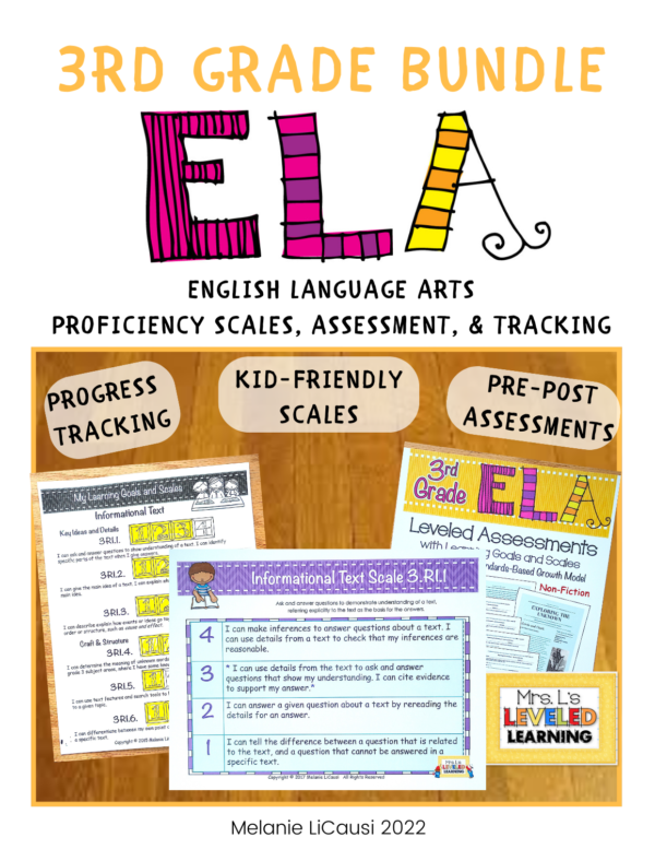 Third ELA Proficiency Scales Bundle Cover , Image showing Progress Tracking, Kid-Friendly Scales, and Pre-Post Assessment images and sub-titles. Marzano Framework