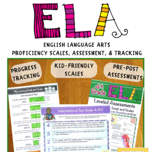 Fourth ELA Proficiency Scales Bundle Cover , Image showing Progress Tracking, Kid-Friendly Scales, and Pre-Post Assessment images and sub-titles. Marzano Framework