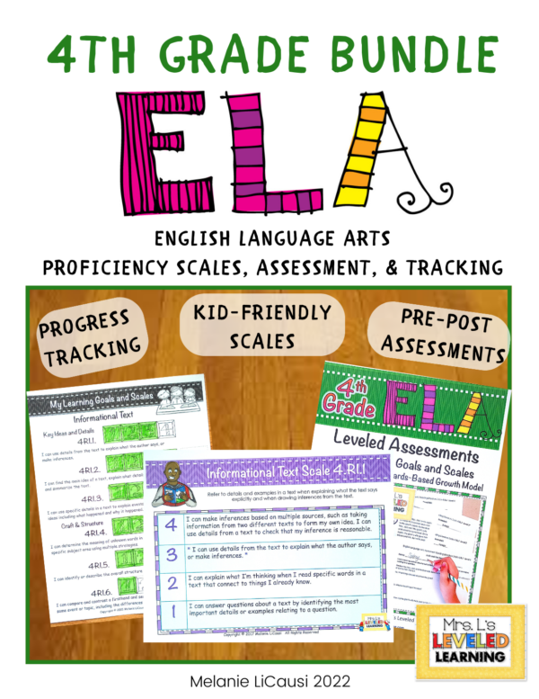 Fourth ELA Proficiency Scales Bundle Cover , Image showing Progress Tracking, Kid-Friendly Scales, and Pre-Post Assessment images and sub-titles. Marzano Framework