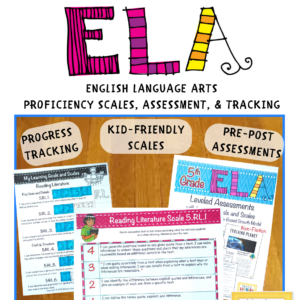 FIfth ELA Proficiency Scales Bundle Cover , Image showing Progress Tracking, Kid-Friendly Scales, and Pre-Post Assessment images and sub-titles. Marzano Framework