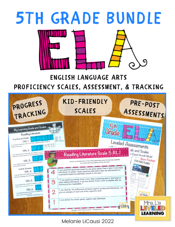 FIfth ELA Proficiency Scales Bundle Cover , Image showing Progress Tracking, Kid-Friendly Scales, and Pre-Post Assessment images and sub-titles. Marzano Framework