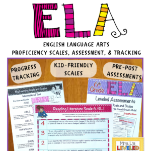 Sixth ELA Proficiency Scales Bundle Cover , Image showing Progress Tracking, Kid-Friendly Scales, and Pre-Post Assessment Marzano Framework