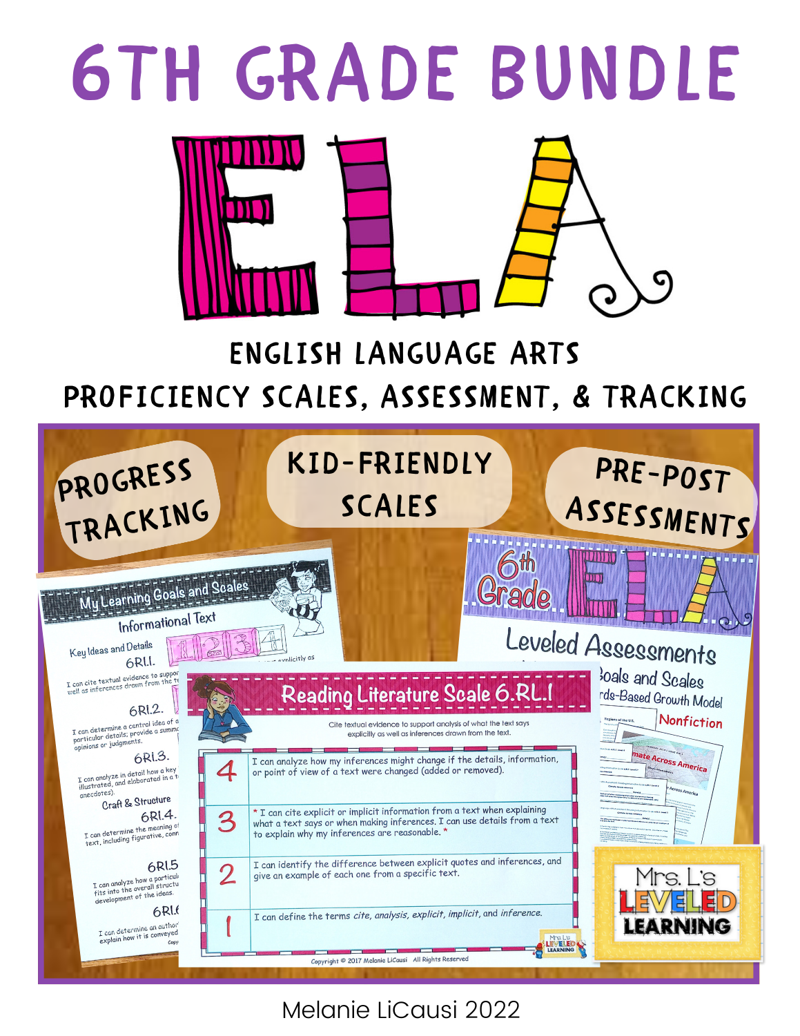 Sixth ELA Proficiency Scales Bundle Cover , Image showing Progress Tracking, Kid-Friendly Scales, and Pre-Post Assessment images and sub-titles. Marzano Framework