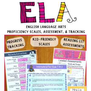 Seventh ELA Proficiency Scales Bundle Cover , Image showing Progress Tracking, Kid-Friendly Scales, and Pre-Post Assessment images and sub-titles. Marzano Framework