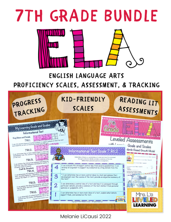 Seventh ELA Proficiency Scales Bundle Cover , Image showing Progress Tracking, Kid-Friendly Scales, and Pre-Post Assessment images and sub-titles. Marzano Framework