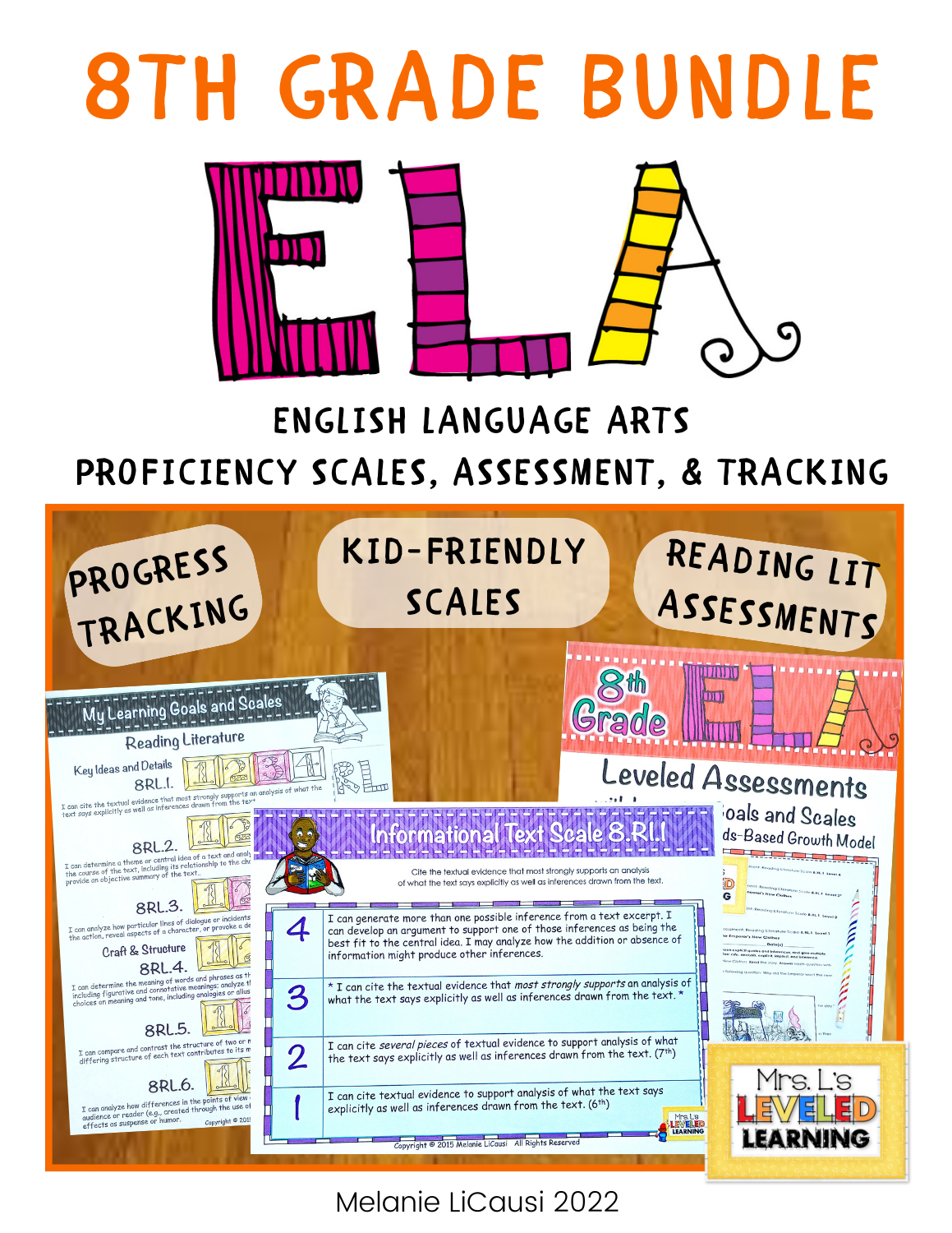 Eighth ELA Proficiency Scales Bundle Cover , Image showing Progress Tracking, Kid-Friendly Scales, and Pre-Post Assessment images and sub-titles. Marzano Framework