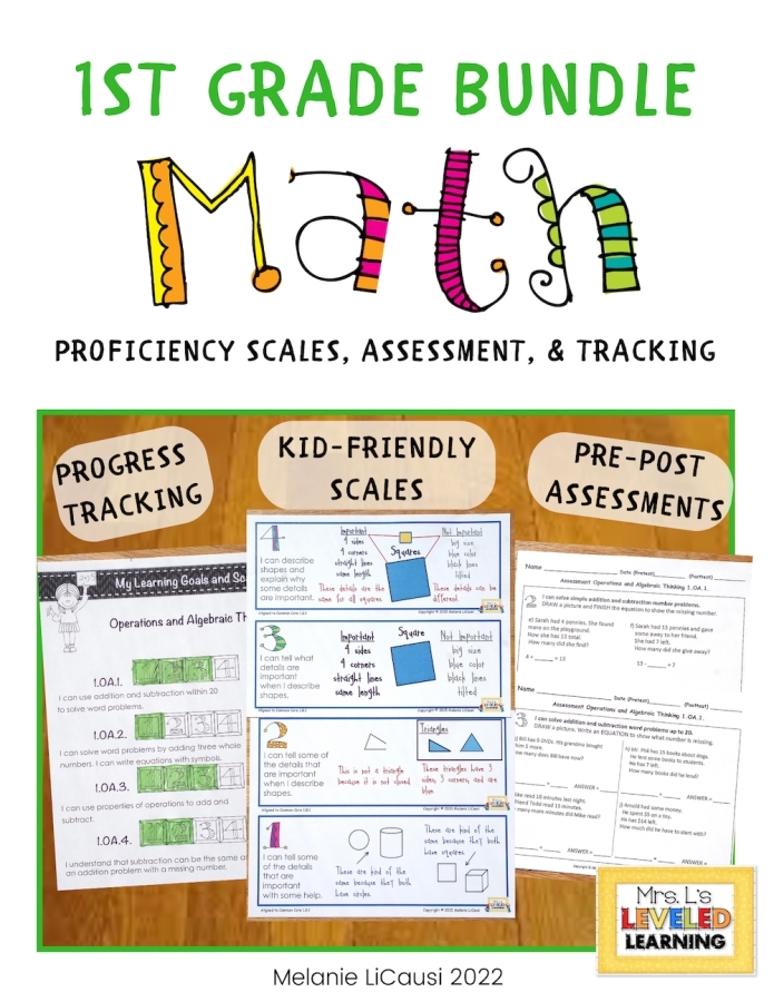 First Grade Math Proficiency Scales Bundle Cover , Image showing Progress Tracking, Kid-Friendly Scales, and Pre-Post Assessment images and sub-titles. Marzano Framework