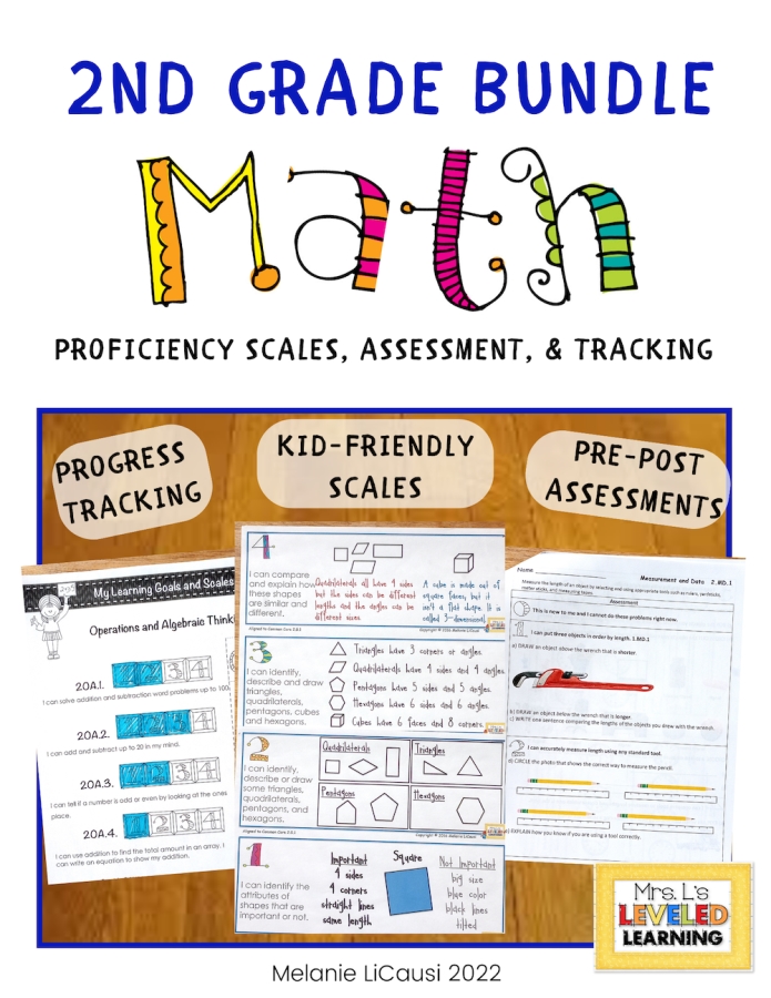 Second Grade Math Proficiency Scales Bundle Cover , Image showing Progress Tracking, Kid-Friendly Scales, and Pre-Post Assessment images and sub-titles. Marzano Framework