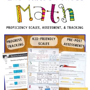 2nd Grade Math Proficiency Scales Bundle Cover , Image showing Progress Tracking, Kid-Friendly Scales, and Pre-Post Assessment images and sub-titles.