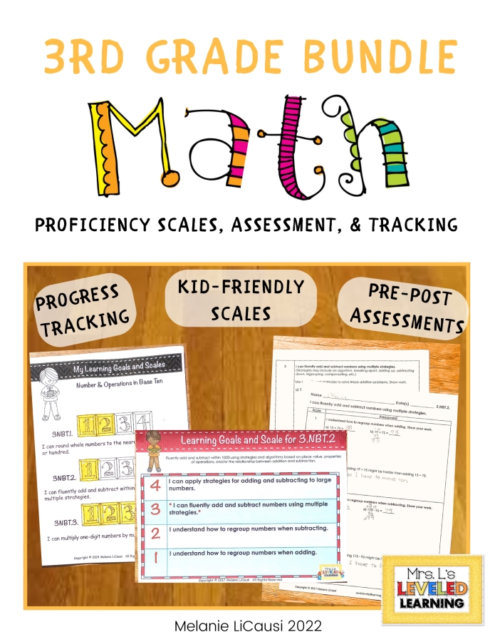 Third Grade Math Proficiency Scales Bundle Cover , Image showing Progress Tracking, Kid-Friendly Scales, and Pre-Post Assessment images and sub-titles. Marzano Framework