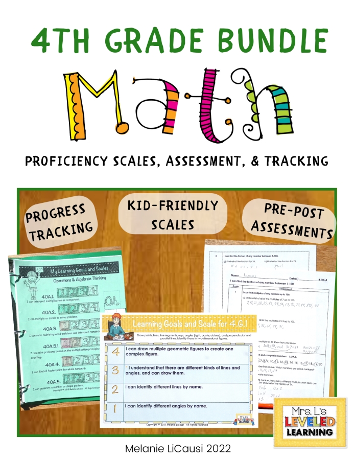 Fourth Grade Math Proficiency Scales Bundle Cover , Image showing Progress Tracking, Kid-Friendly Scales, and Pre-Post Assessment images and sub-titles. Marzano Framework