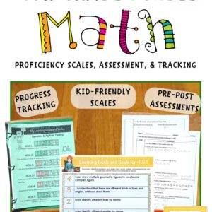 Fourth Grade Math Proficiency Scales Bundle Cover , Image showing Progress Tracking, Kid-Friendly Scales, and Pre-Post Assessment images and sub-titles.