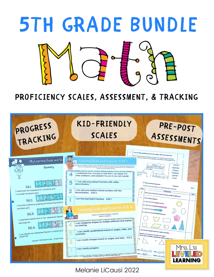 Fifth Grade Math Proficiency Scales Bundle Cover , Image showing Progress Tracking, Kid-Friendly Scales, and Pre-Post Assessment images and sub-titles. Marzano Framework