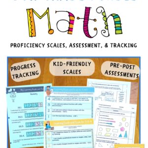 Fifth Grade Math Proficiency Scales Bundle Cover , Image showing Progress Tracking, Kid-Friendly Scales, and Pre-Post Assessment images and sub-titles.