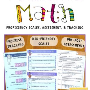 Sixth Grade Math Proficiency Scales Bundle Cover , Image showing Progress Tracking, Kid-Friendly Scales, and Pre-Post Assessment images and sub-titles.
