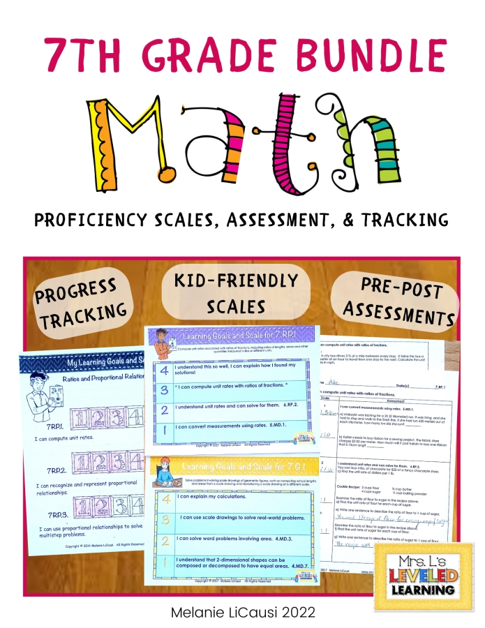 Seventh Grade Math Proficiency Scales Bundle Cover , Image showing Progress Tracking, Kid-Friendly Scales, and Pre-Post Assessment images and sub-titles. Marzano Framework