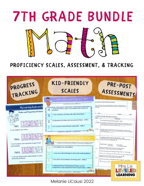 Seventh Grade Math Proficiency Scales Bundle Cover , Image showing Progress Tracking, Kid-Friendly Scales, and Pre-Post Assessment images and sub-titles.