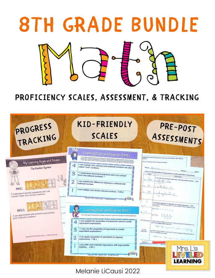 Eighth Grade Math Proficiency Scales Bundle Cover , Image showing Progress Tracking, Kid-Friendly Scales, and Pre-Post Assessment images and sub-titles. Marzano Framework