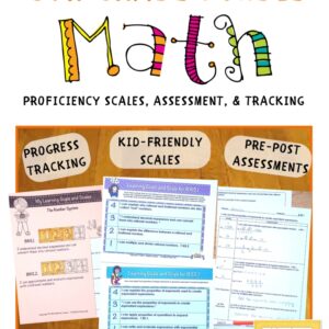 Seventh Grade Math Proficiency Scales Bundle Cover , Image showing Progress Tracking, Kid-Friendly Scales, and Pre-Post Assessment images and sub-titles.